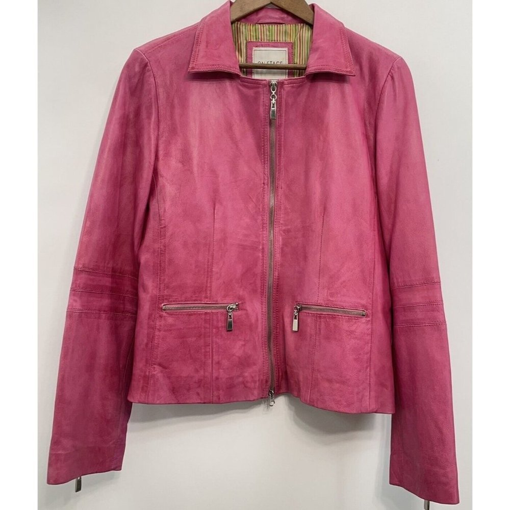 Onstage Collection Leather Jacket Denmark‎ Designer Moto Biker Pink Womens 46 M